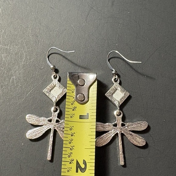 Dragonfly Dangle Earrings Silver Tone Green Square Inset Boho Fairy Nature Folk - Picture 5 of 6